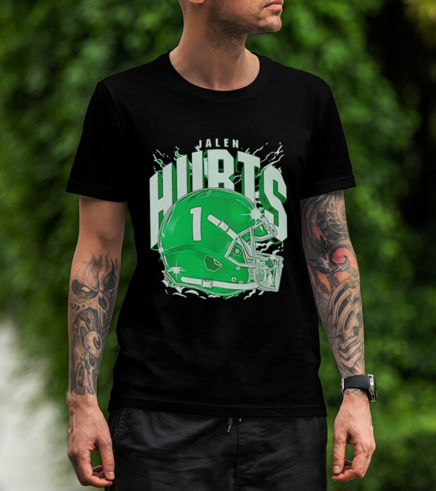 Jalen Hurts 1 Philadelphia Eagles Green Helmet Football T-Shirt