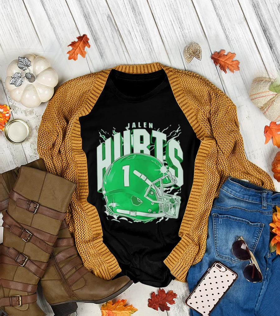 Jalen Hurts 1 Philadelphia Eagles Green Helmet Football T-Shirt