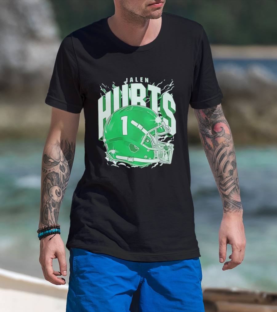 Jalen Hurts 1 Philadelphia Eagles Green Helmet Football T-Shirt