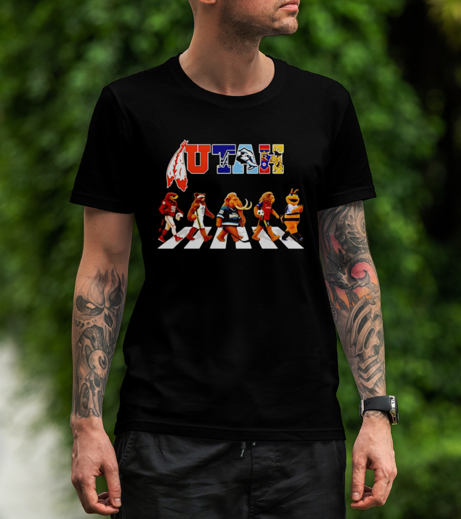 Utah Sports Mascots Walking Across Abbey Road Collage Real Salt Lake Jazz Utes Aggies T-Shirt