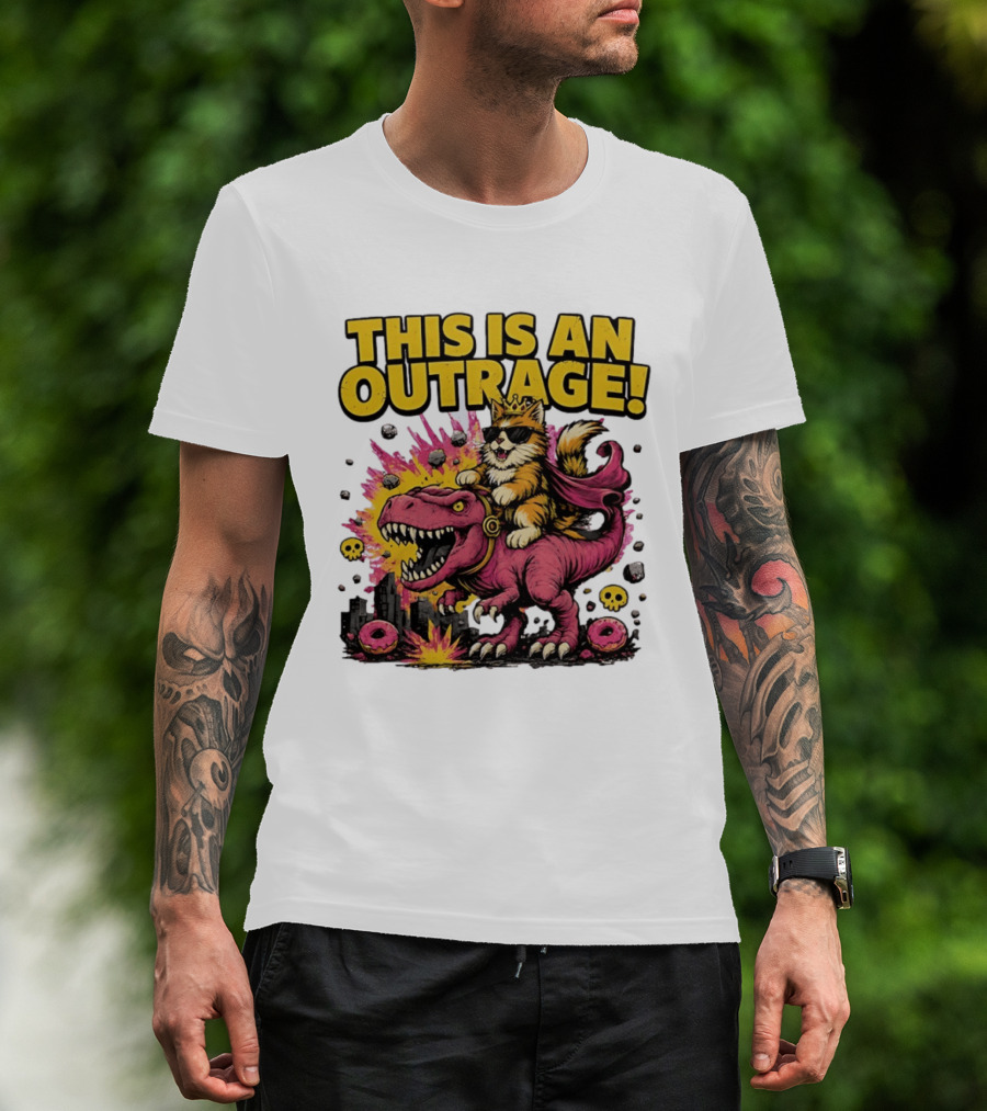 This Is An Outrage Cat King With Sunglasses Riding A Pink Rex With Explosions And Donuts T-Shirt