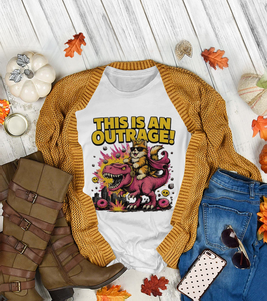 This Is an Outrage Cat King with Sunglasses Riding a Pink Rex with Explosions and Donuts T-Shirt