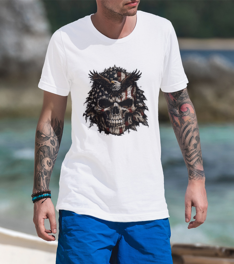 American Flag Eagle Skull USA Patriotic T-Shirt