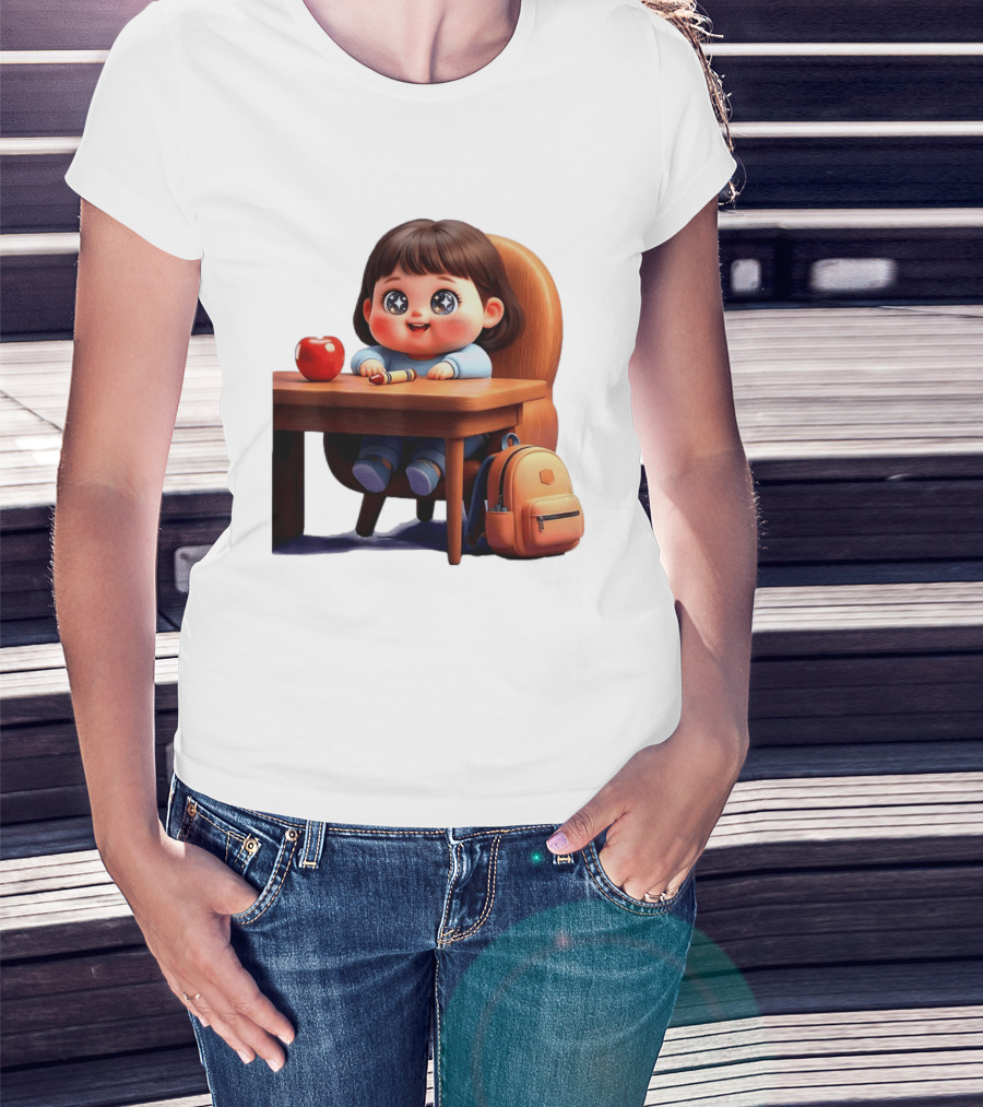 Cartoon Girl With Apple Backpack At Desk T-Shirt