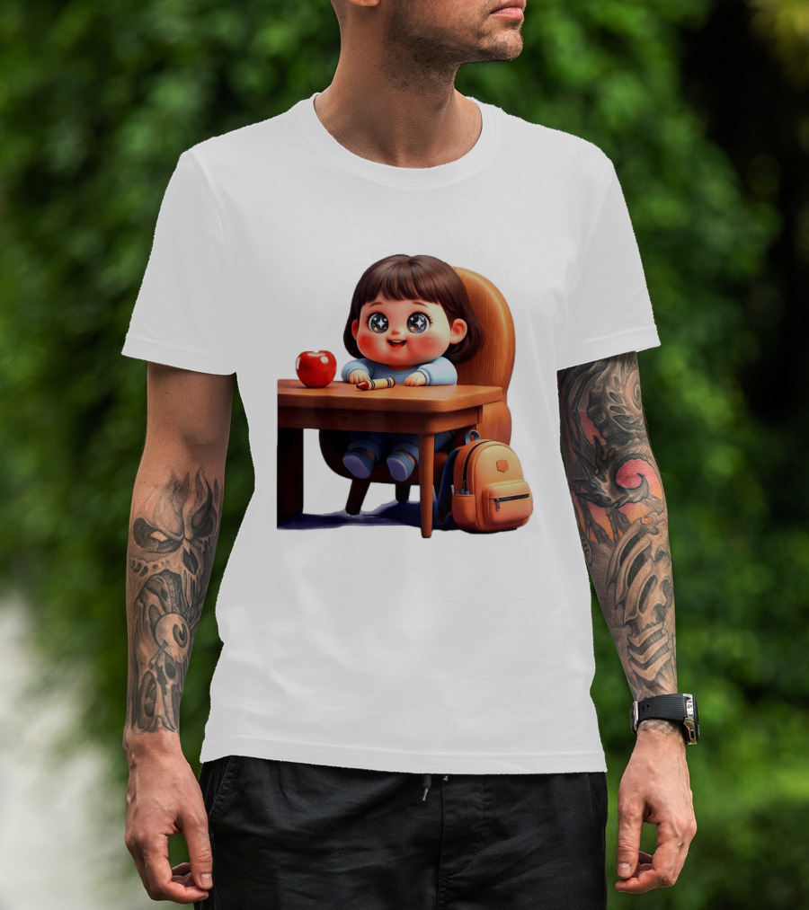 Cartoon Girl With Apple Backpack At Desk T-Shirt