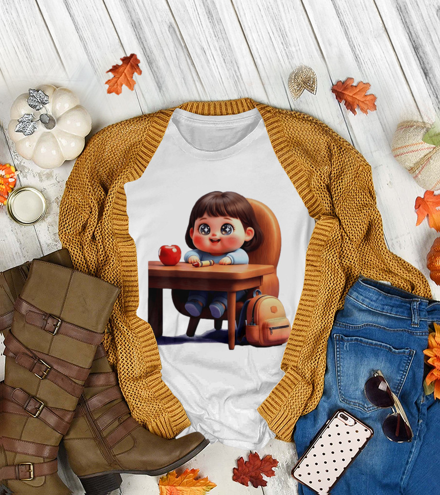 cartoon girl with apple backpack at desk T-Shirt