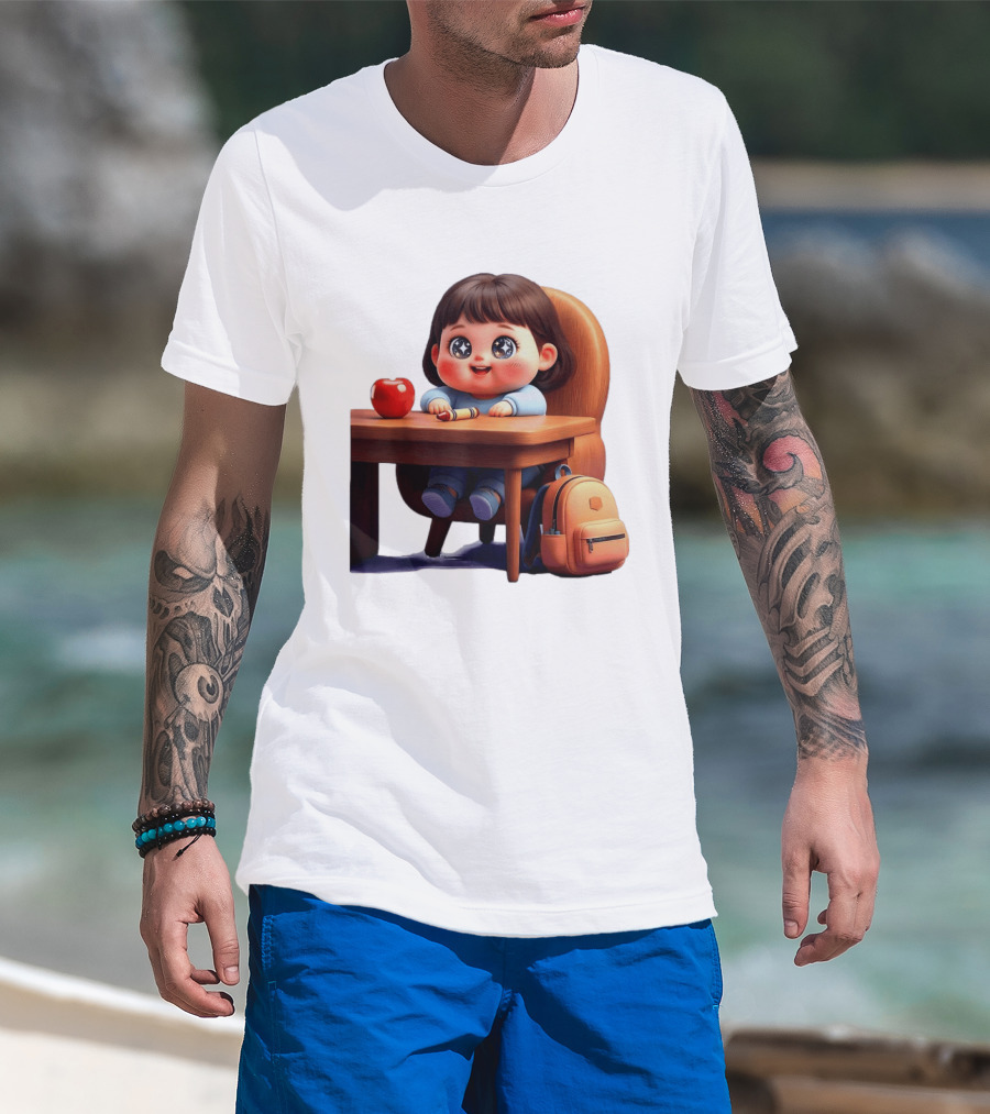 Cartoon Girl With Apple Backpack At Desk T-Shirt