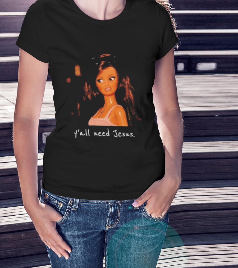 Y'all Need Jesus Doll Funny Meme Brown Hair Orange Dress T-Shirt