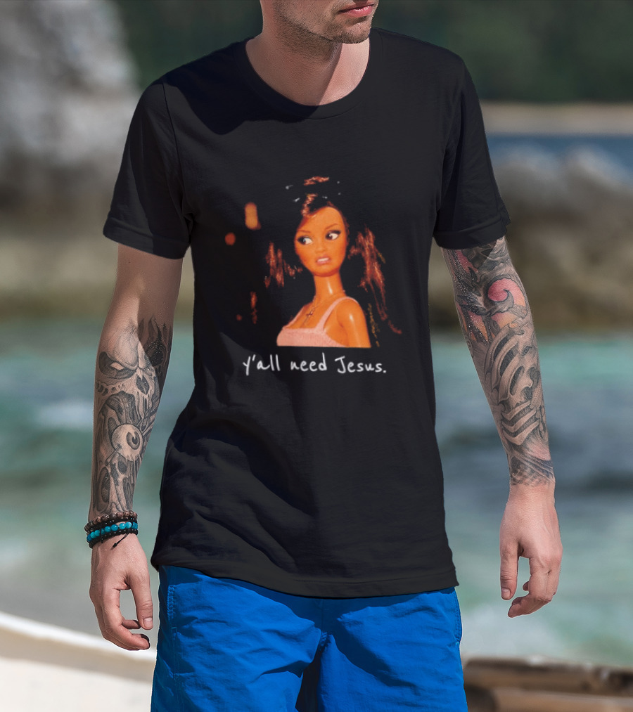 Y'all Need Jesus Doll Funny Meme Brown Hair Orange Dress T-Shirt