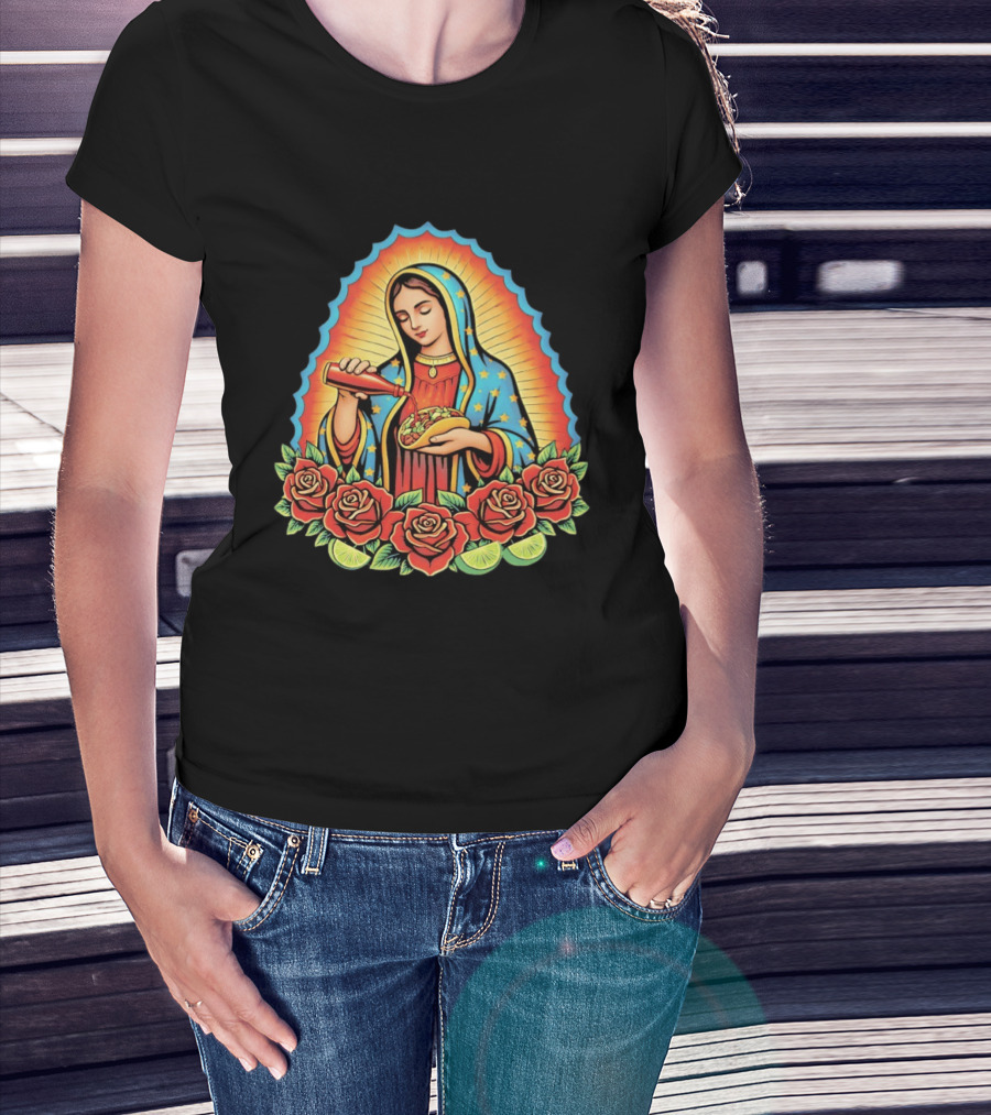 Our Lady Of Guadalupe Hot Sauce Taco With Roses And Lime T-Shirt