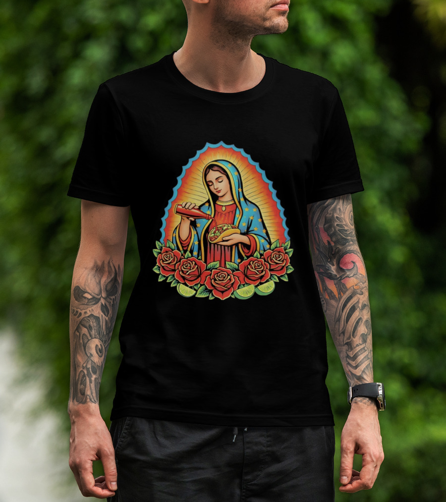 Our Lady Of Guadalupe Hot Sauce Taco With Roses And Lime T-Shirt
