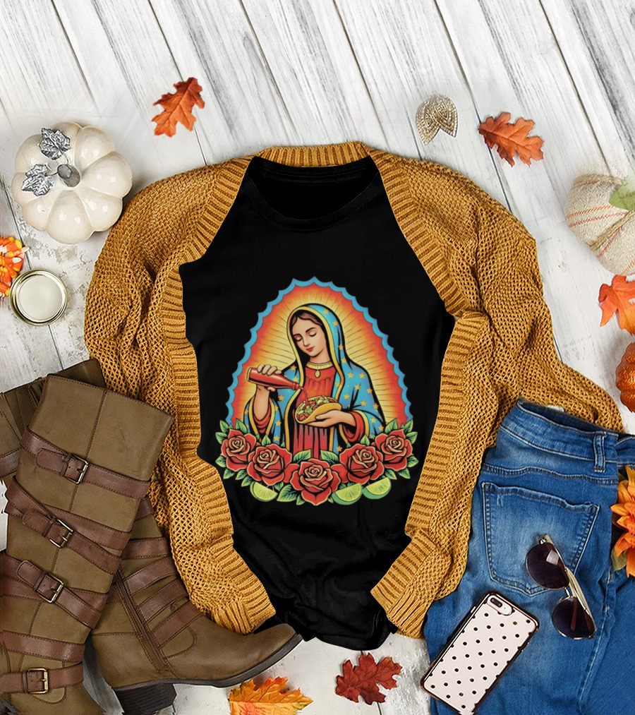 Our Lady Of Guadalupe Hot Sauce Taco With Roses And Lime T-Shirt