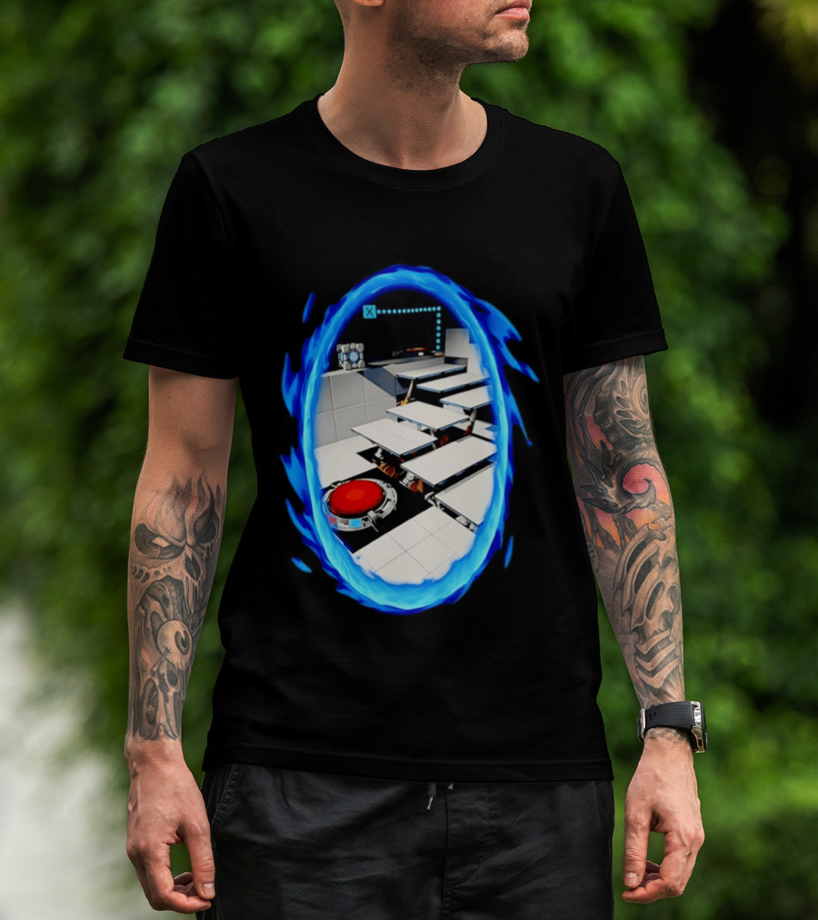 Portal Weighted Companion Cube Aperture Science Test Chamber Blue Portal Steps T-Shirt