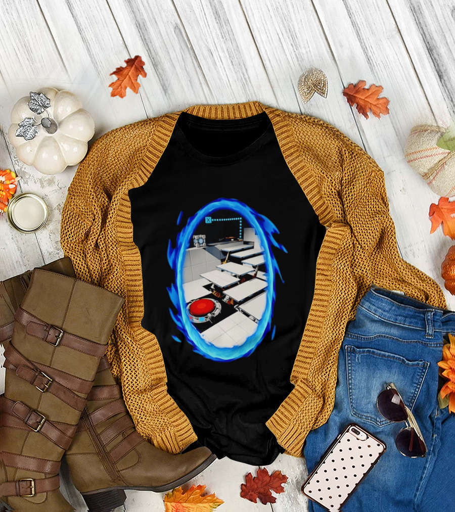 Portal Weighted Companion Cube Aperture Science Test Chamber Blue Portal Steps T-Shirt