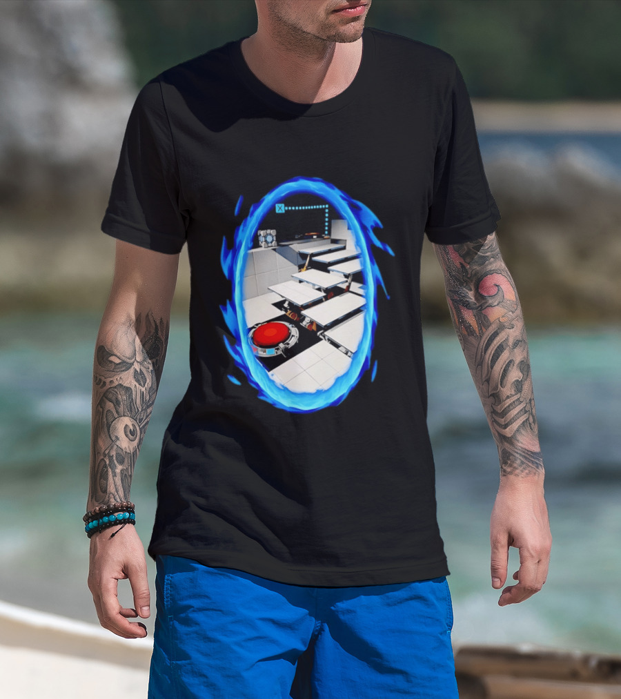 Portal Weighted Companion Cube Aperture Science Test Chamber Blue Portal Steps T-Shirt