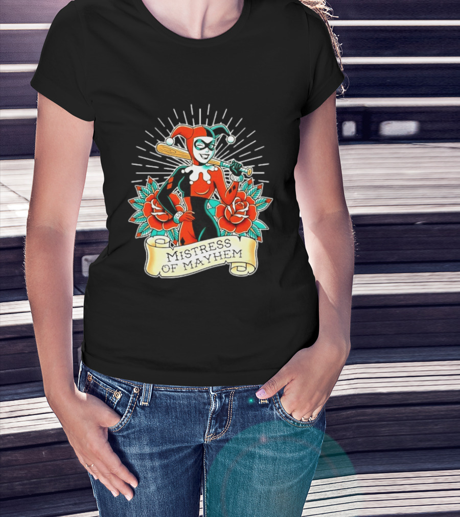 Harley Quinn DC Comics Mistress Of Mayhem Roses And Bat T-Shirt