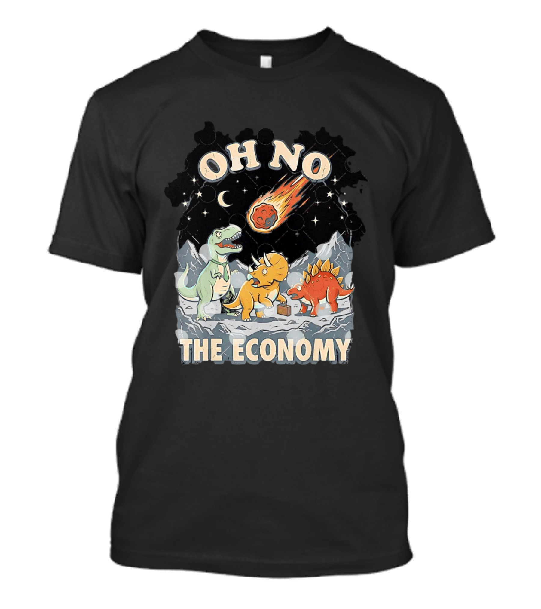 Oh No The Economy Dinosaurs Meteor Cartoon Funny Design Dinosaur Comic T-Shirt
