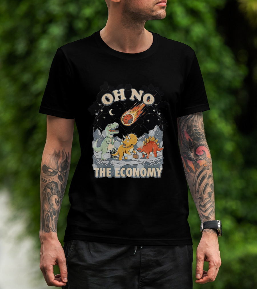 Oh No The Economy Dinosaurs Meteor Cartoon Funny Design Dinosaur Comic T-Shirt