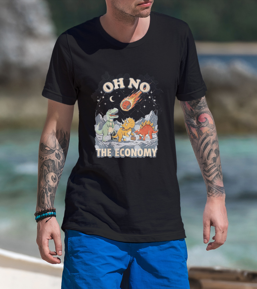 Oh No The Economy Dinosaurs Meteor Cartoon Funny Design Dinosaur Comic T-Shirt