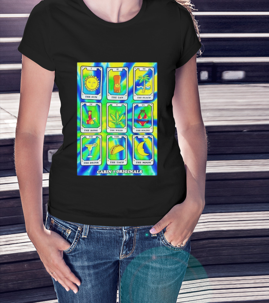 Cabin 7 Originals Tarot Cards Sun Tan Beach Bong Weed Bikini Drink Taco Moon T-Shirt