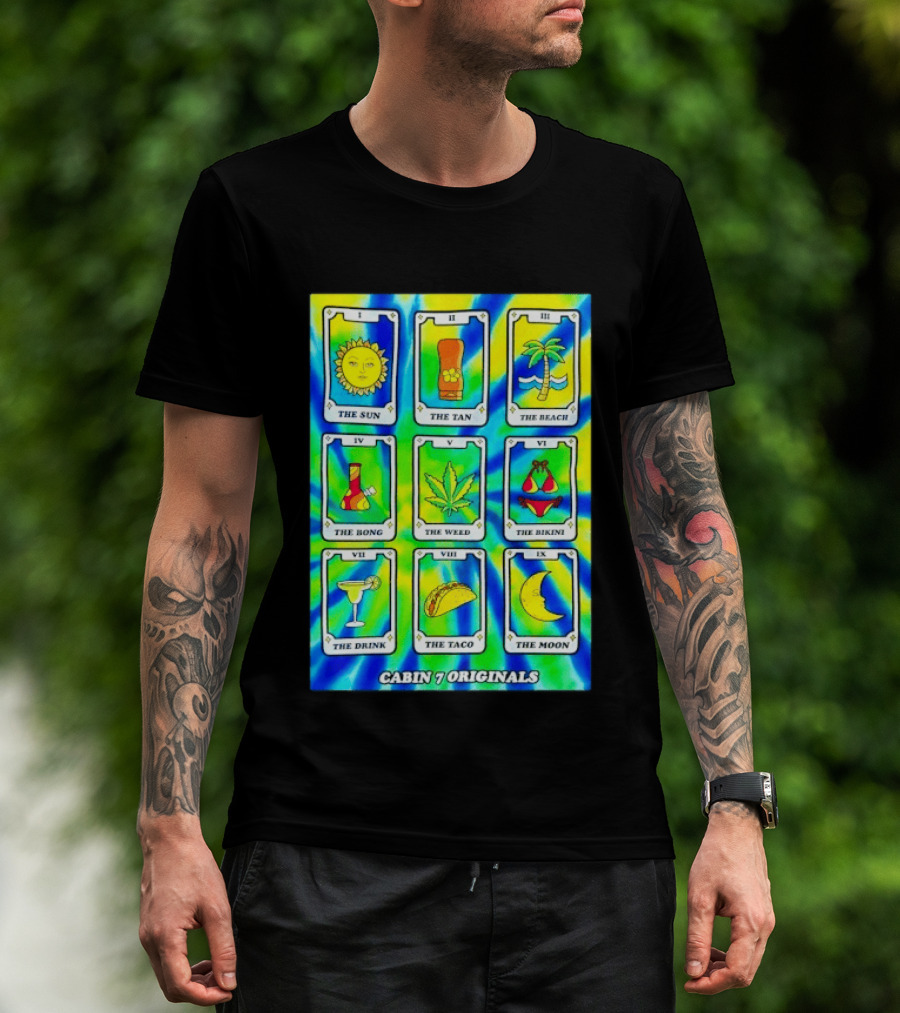 Cabin 7 Originals Tarot Cards Sun Tan Beach Bong Weed Bikini Drink Taco Moon T-Shirt