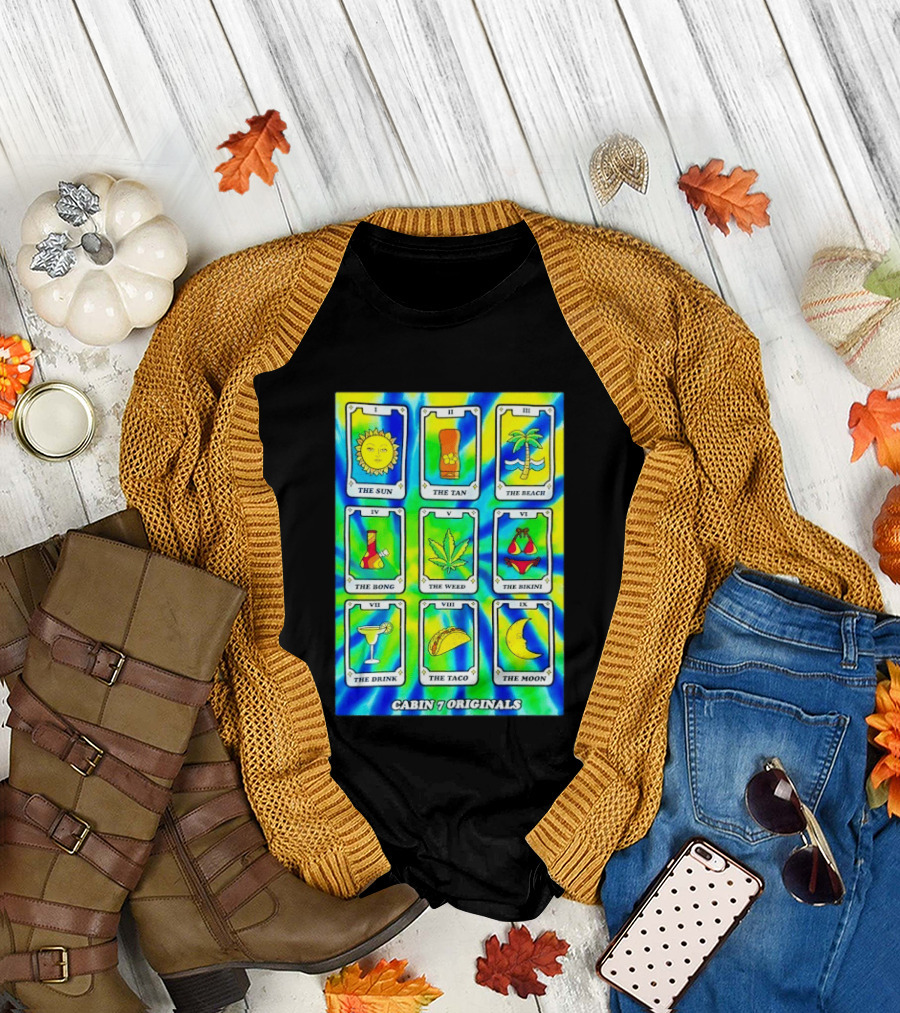 Cabin 7 Originals Tarot Cards Sun Tan Beach Bong Weed Bikini Drink Taco Moon T-Shirt