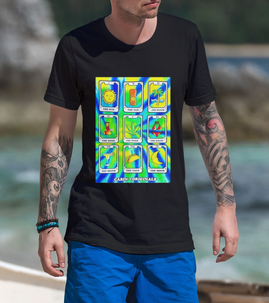 Cabin 7 Originals Tarot Cards Sun Tan Beach Bong Weed Bikini Drink Taco Moon T-Shirt
