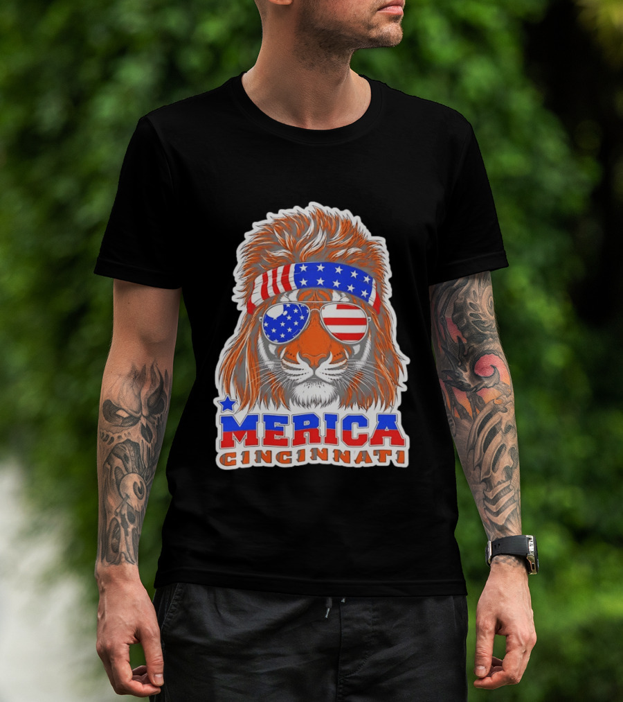 Cincinnati Merica Patriotic Tiger Mullet USA Flag T-Shirt