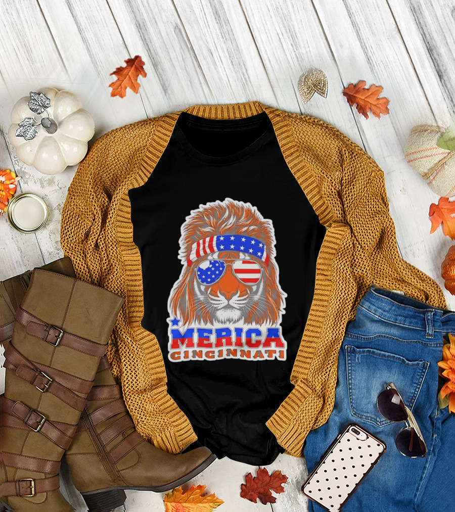 Cincinnati Merica Patriotic Tiger Mullet USA Flag T-Shirt