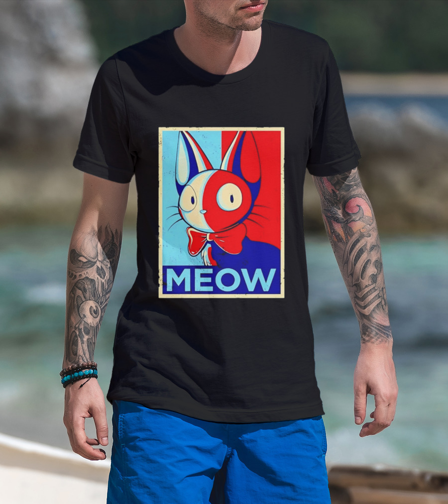 Meow Red Blue Cat Bow Tie T-Shirt