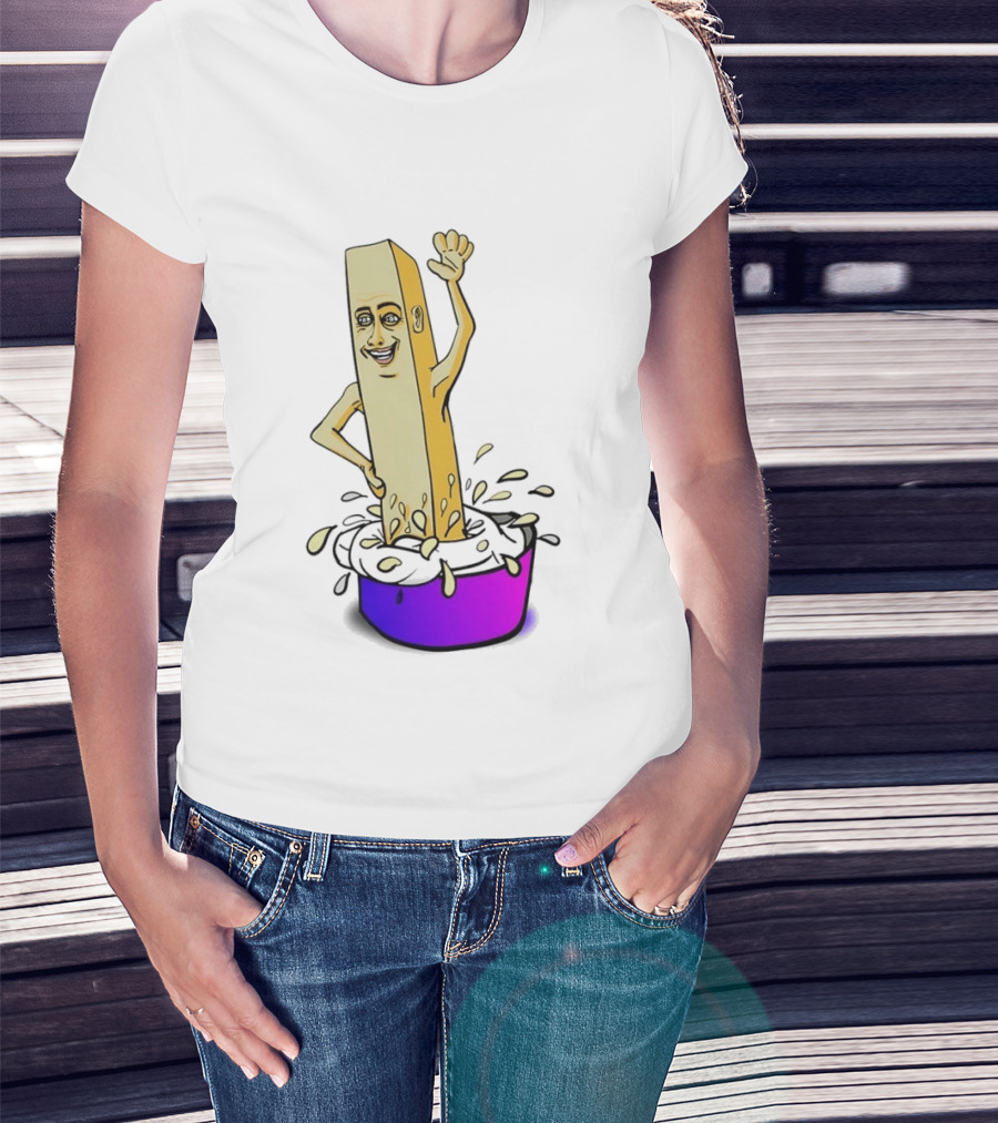 Belgian French Fry Cartoon Character Waving In Sauce Bowl T-Shirt