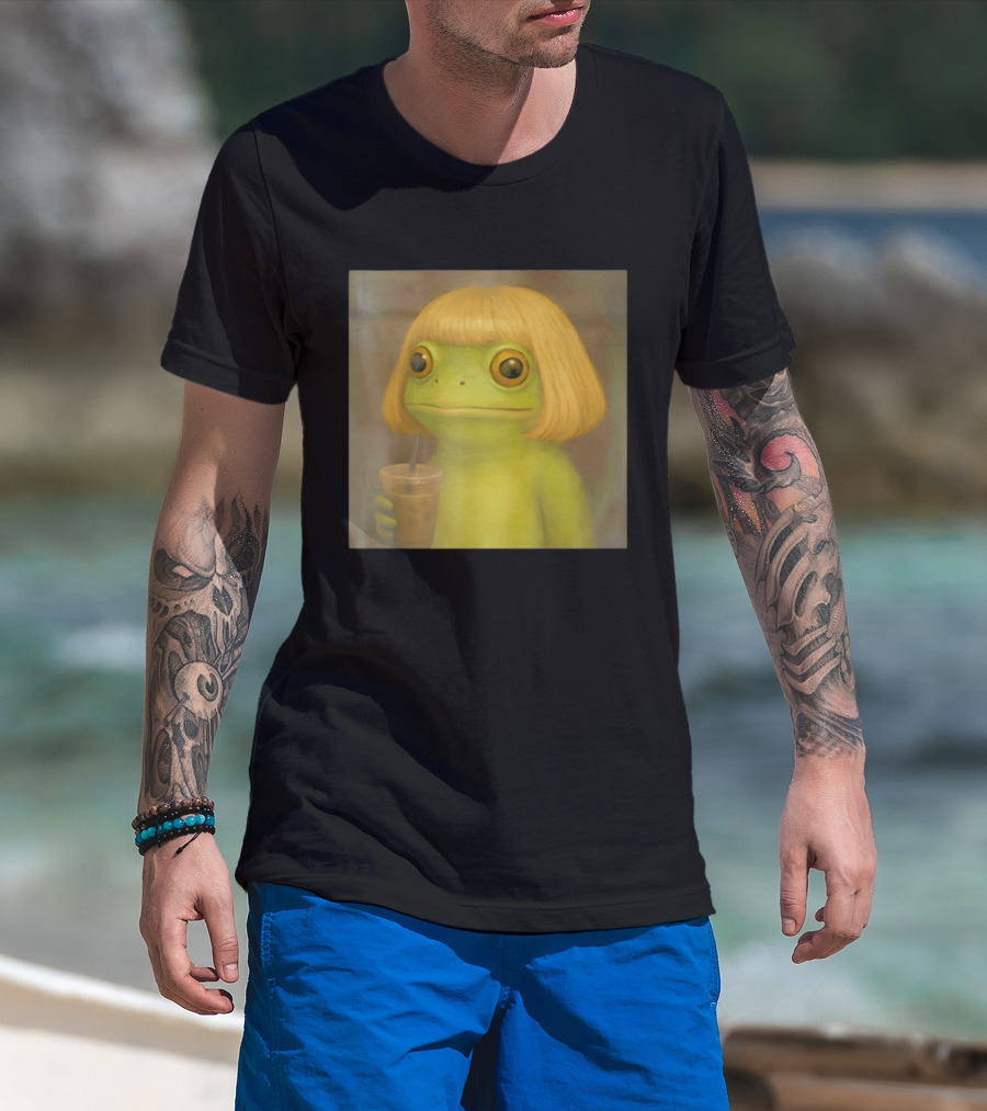 Blonde Wig Frog Holding Iced Coffee T-Shirt