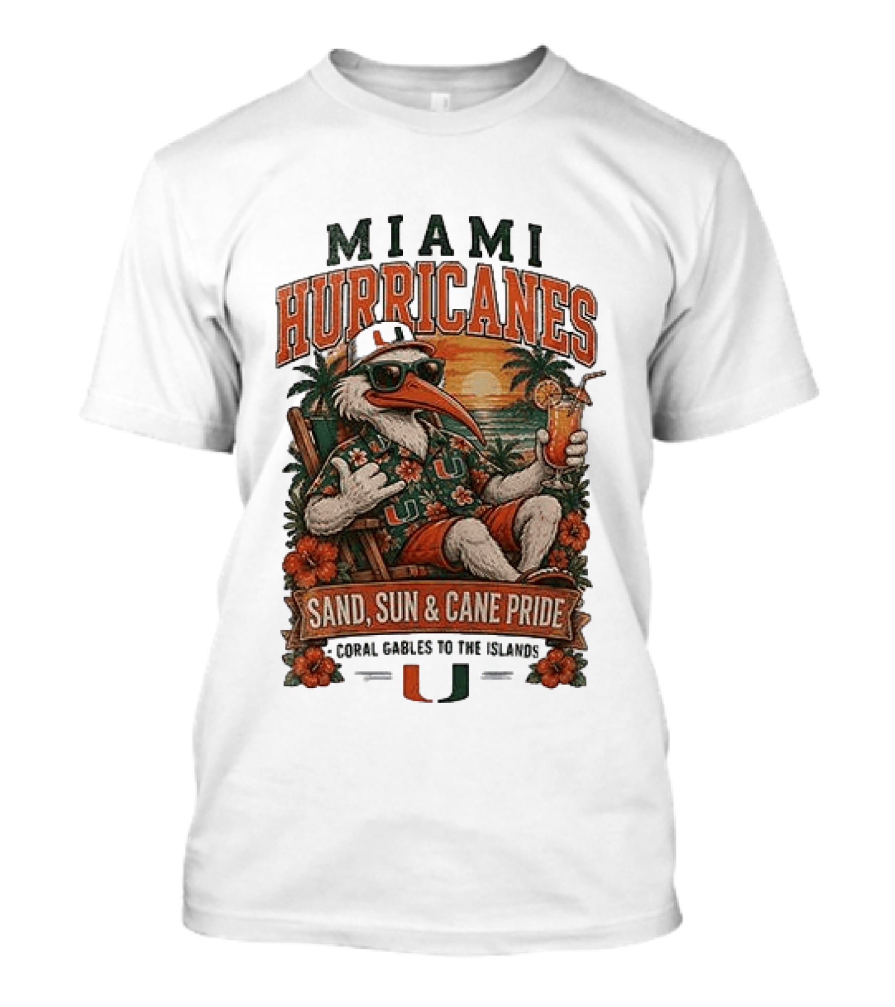 Miami Hurricanes Sand Sun Cane Pride Coral Gables To The Islands T-Shirt