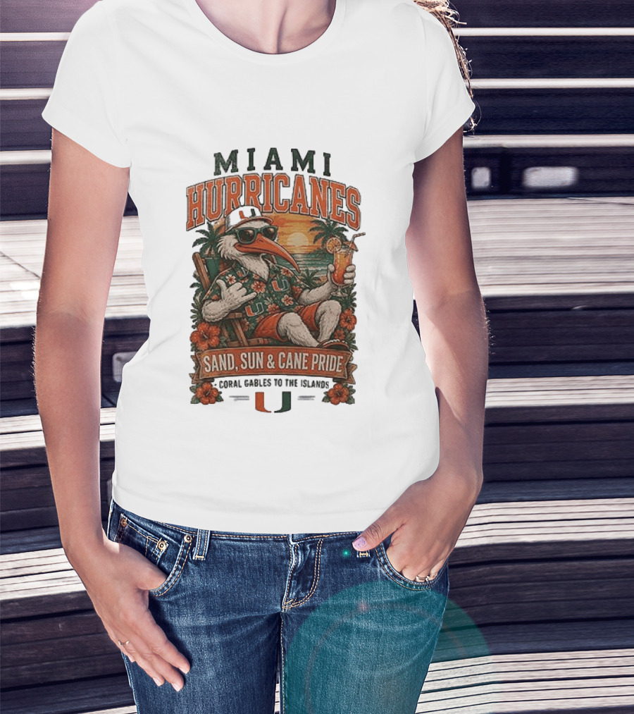 Miami Hurricanes Sand Sun Cane Pride Coral Gables To The Islands T-Shirt