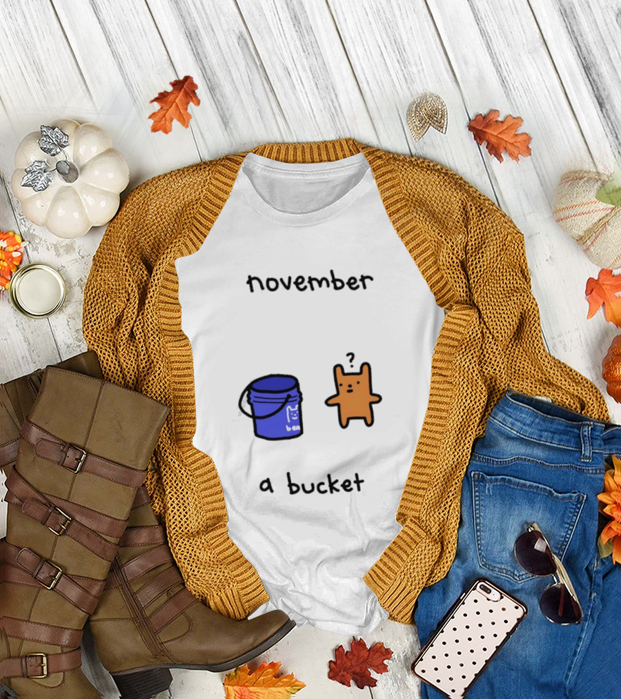 November A Bucket Doodle Minimalist Orange Character Blue Bucket T-Shirt
