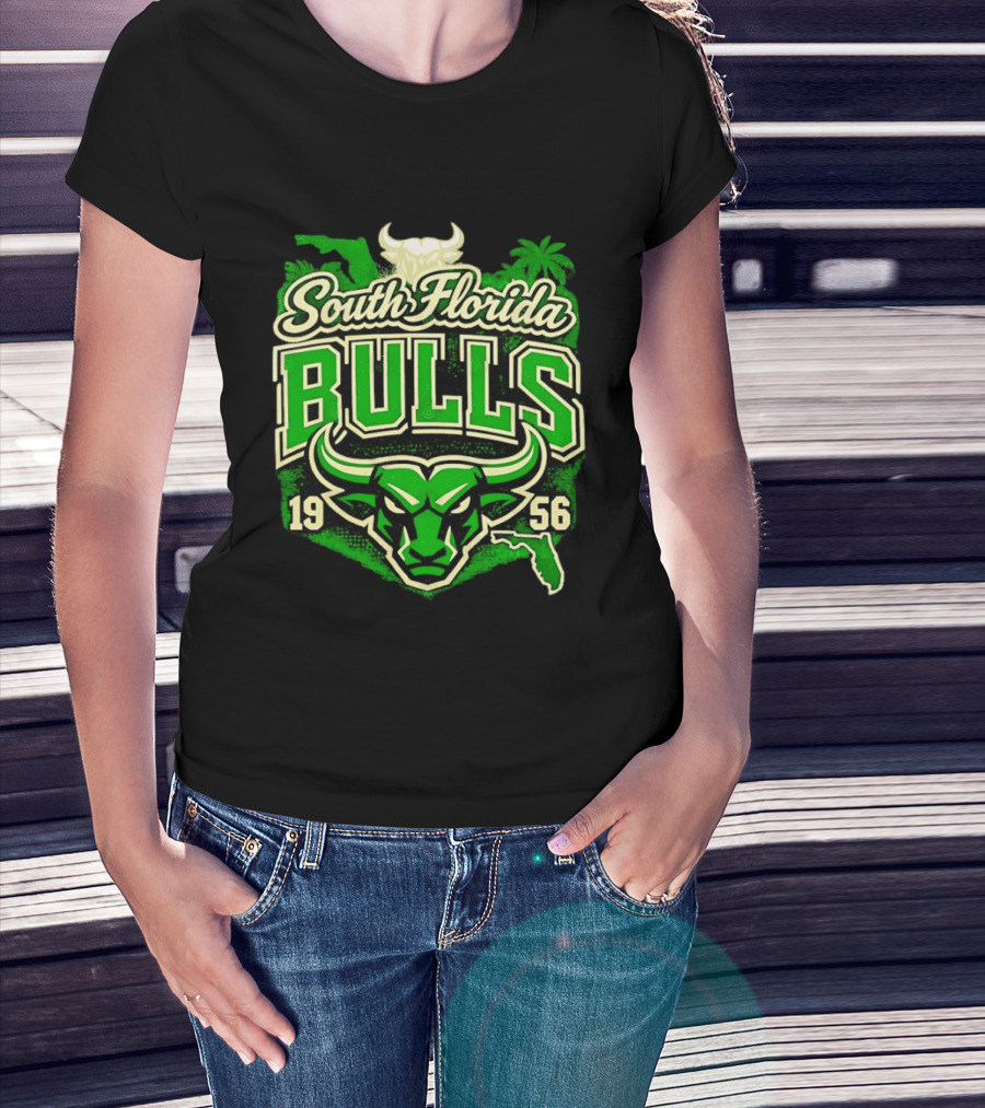 South Florida Bulls 1956 NCAA College Football Palm Tree Map Green Bull T-Shirt