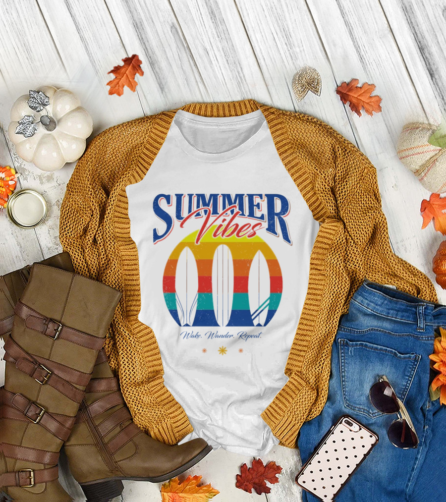 Summer Vibes Wake Wander Repeat Retro Surfboard Sunset T-Shirt