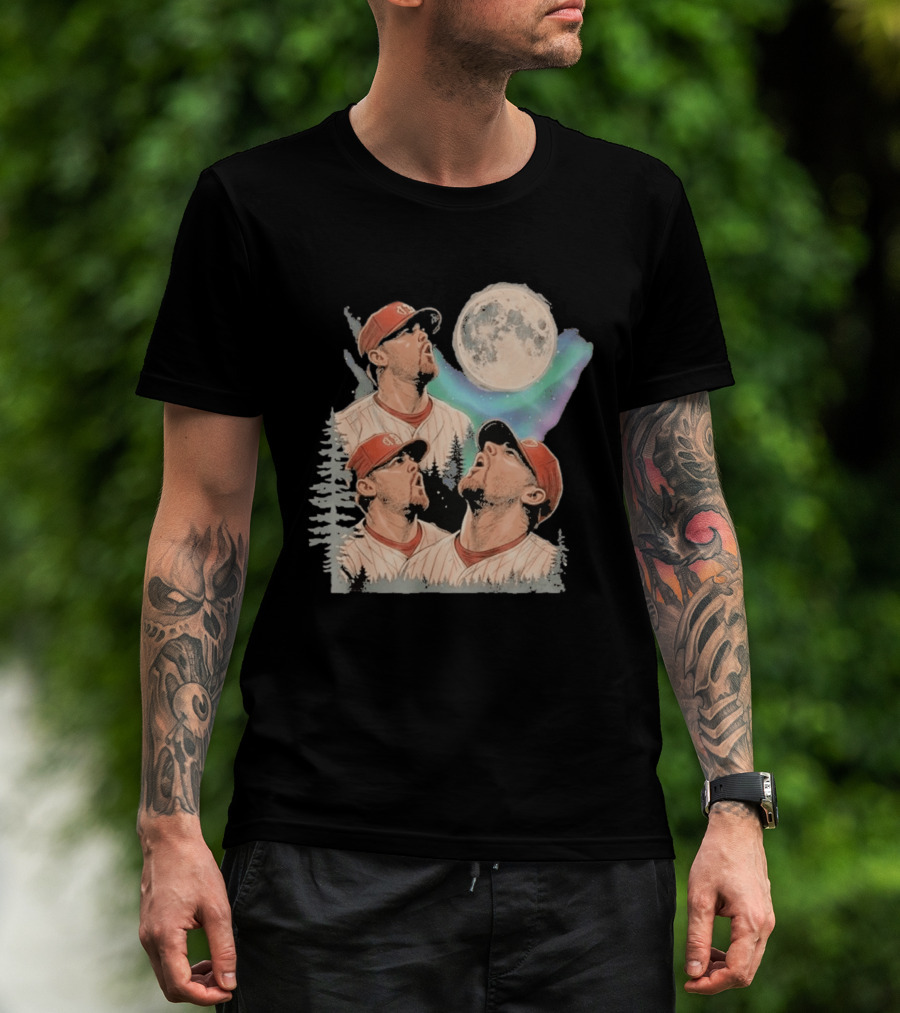 Three Howling Phillies 2026 Randy Wolf Meme Vintage Baseball Art Baseball Moon Forest T-Shirt