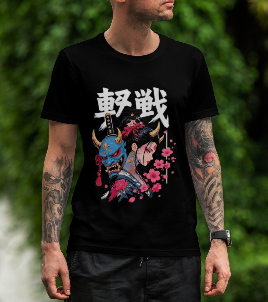 Japanese Oni Mask And Geisha With Cherry Blossoms Kanji T-Shirt