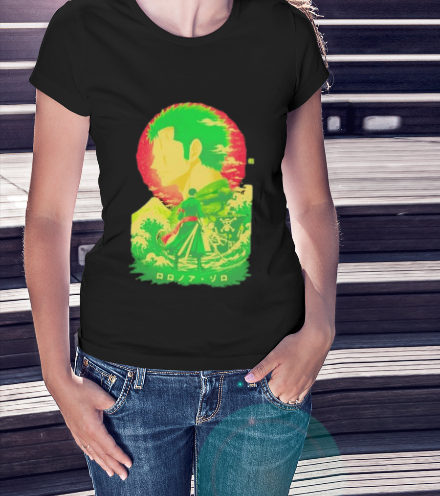 Roronoa Zoro One Piece Ukiyo E Kanji Waves Anime Series T-Shirt