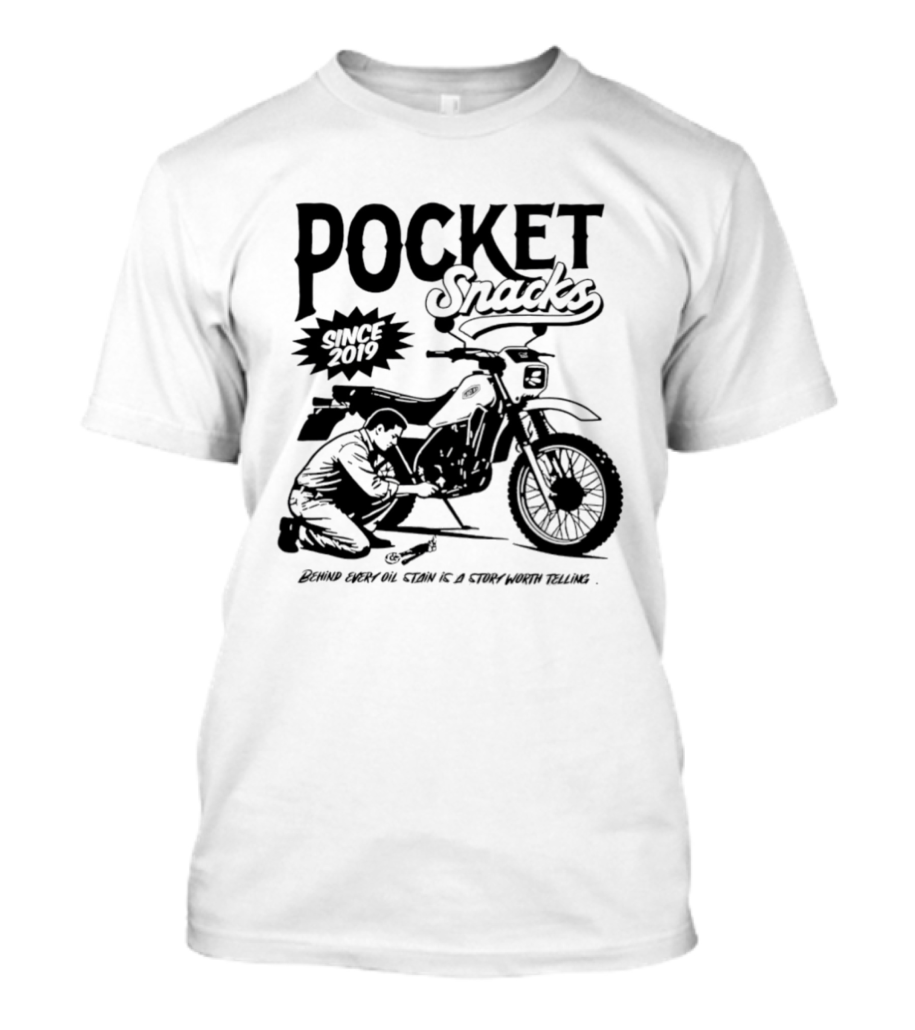 Pocket Snacks Since 2019 Motorcycle Mechanic Oil Stain T-Shirt