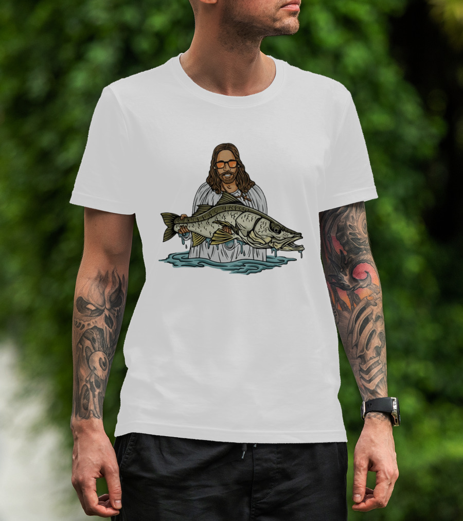 Jesus Holding Fish Like Jesus Fishing With Sunglasses T-Shirt