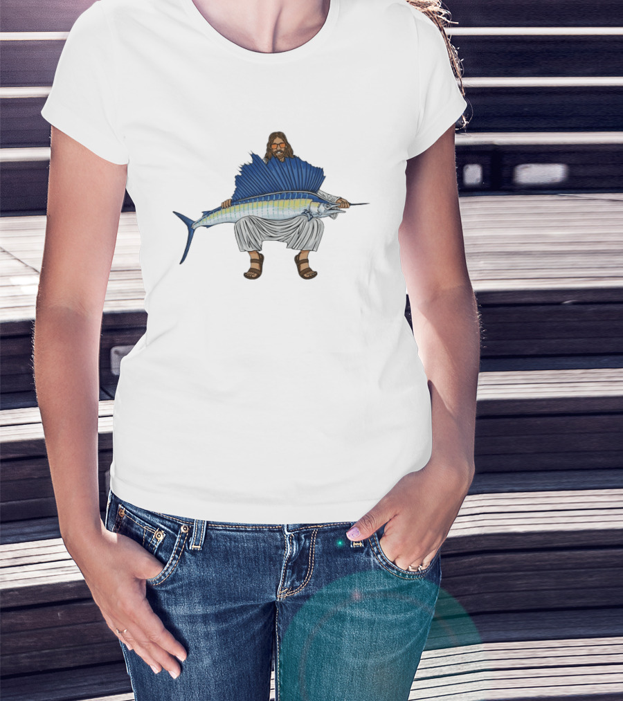 Jesus Holding Sailfish Fish Like Iconic Religious Savior T-Shirt