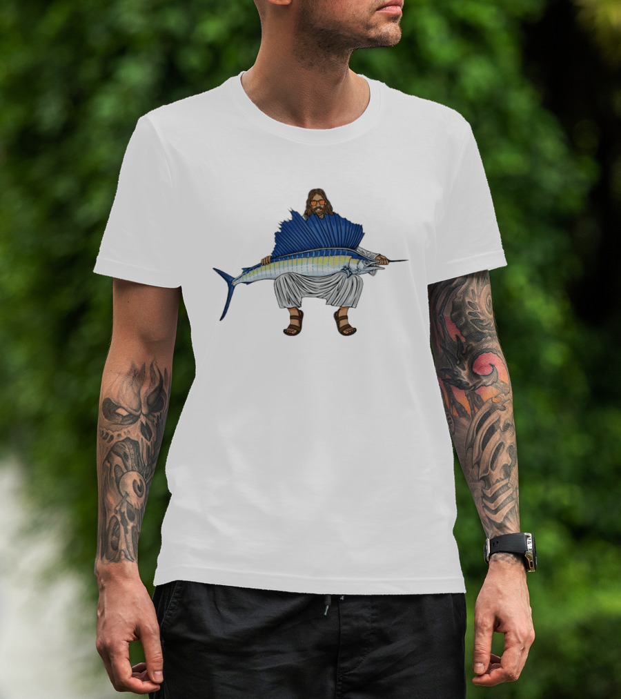 Jesus Holding Sailfish Fish Like Iconic Religious Savior T-Shirt