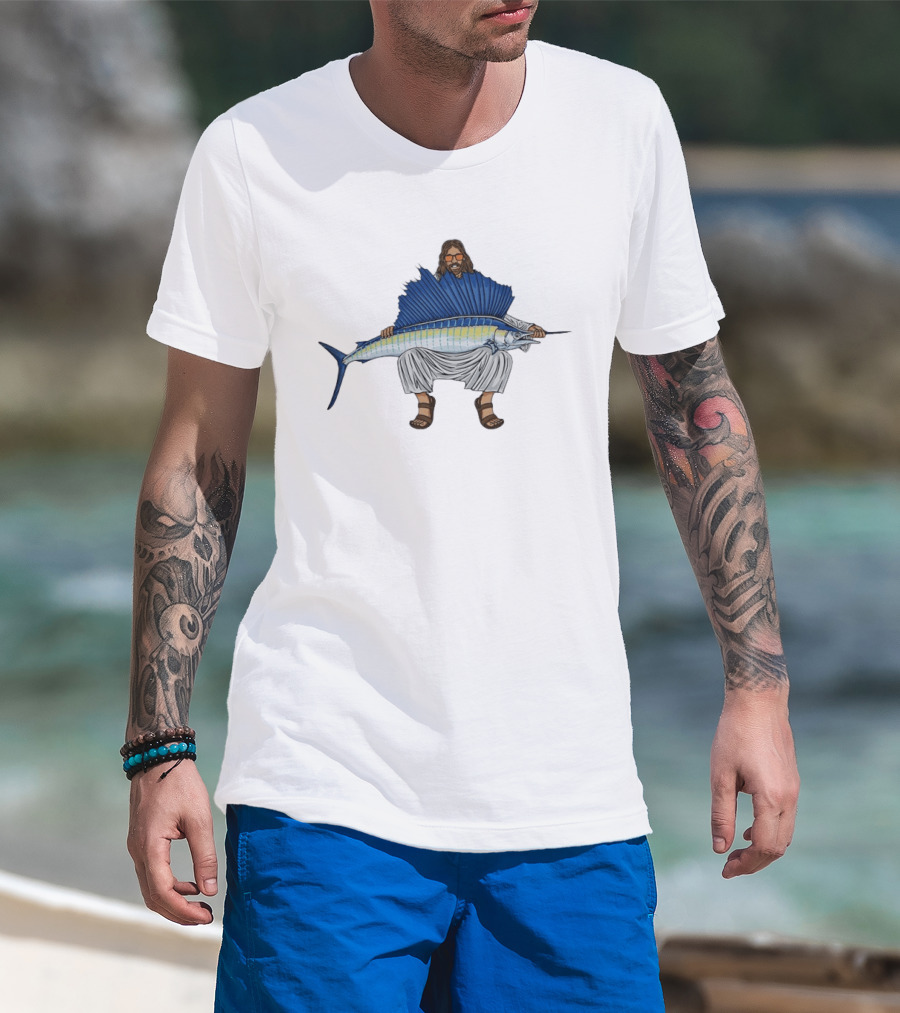 Jesus Holding Sailfish Fish Like Iconic Religious Savior T-Shirt