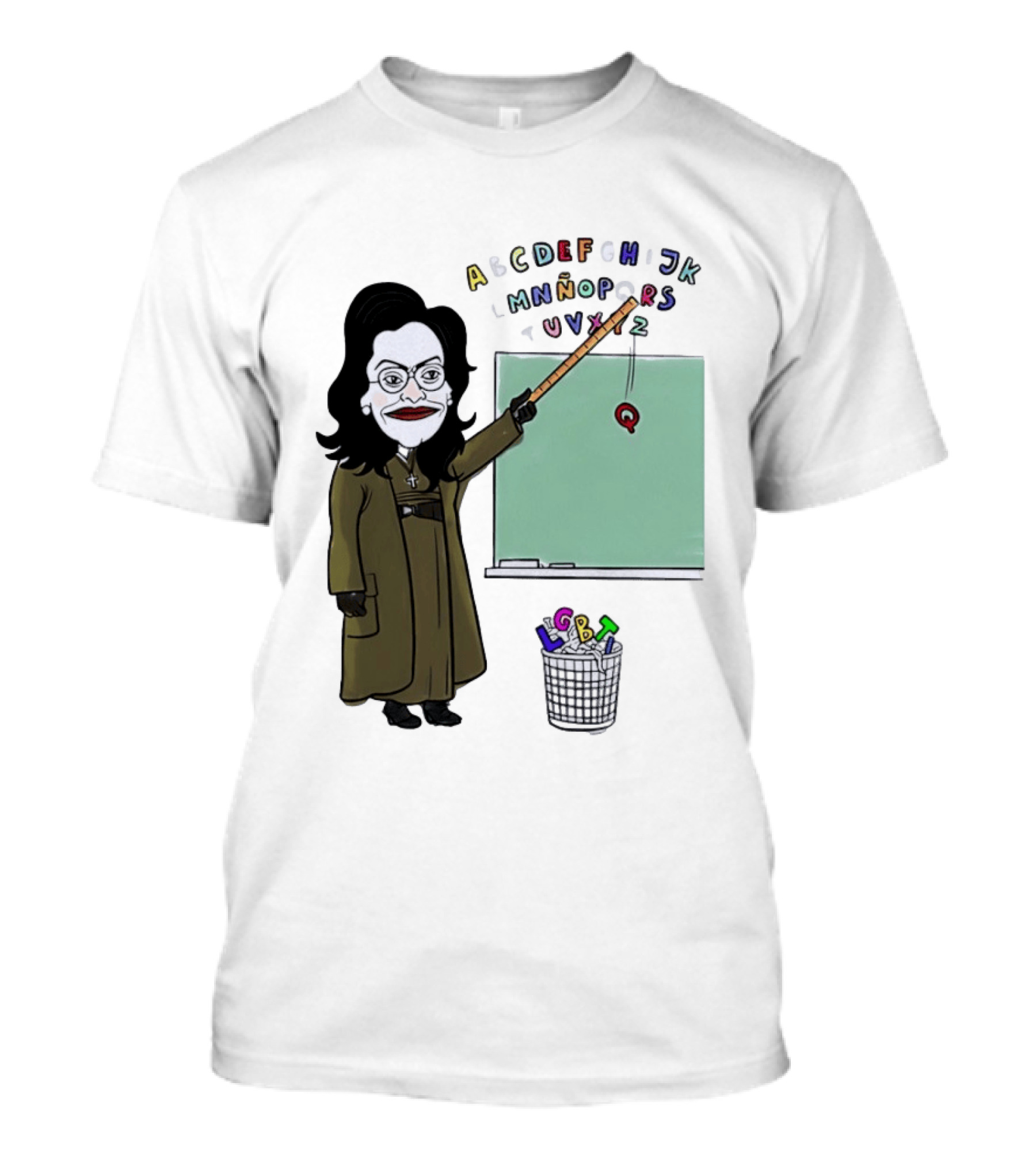 LGBTQ Alphabet Removal Cartoon Teacher With Chalkboard And Trash Bin T-Shirt