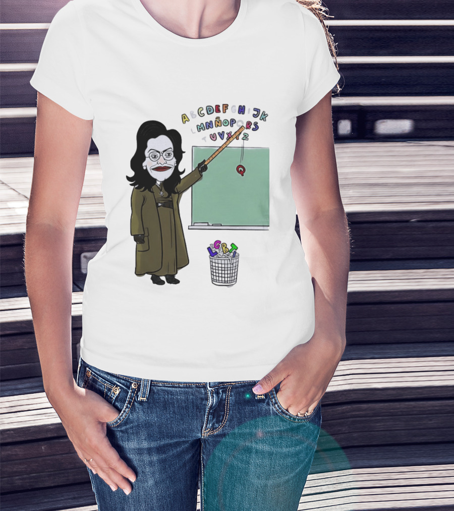 LGBTQ Alphabet Removal Cartoon Teacher With Chalkboard And Trash Bin T-Shirt