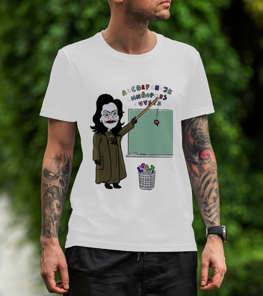 LGBTQ Alphabet Removal Cartoon Teacher With Chalkboard And Trash Bin T-Shirt
