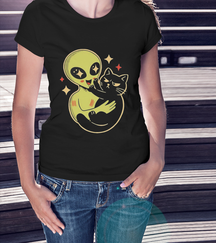 Alien Holding Grumpy Black Cat Surrounded By Stars T-Shirt