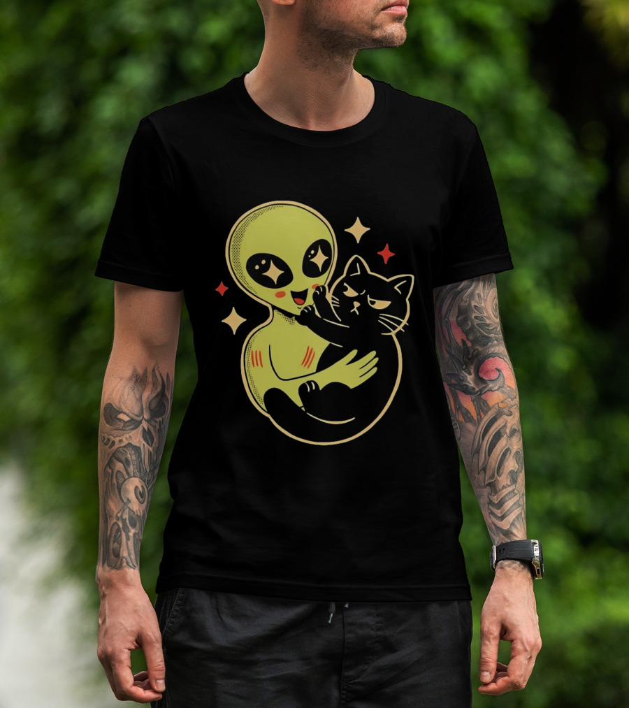 Alien Holding Grumpy Black Cat Surrounded By Stars T-Shirt